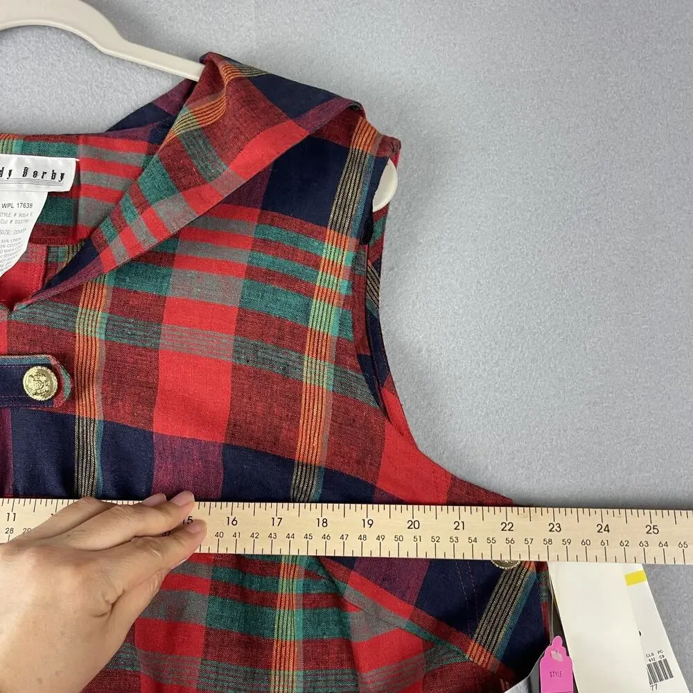 Vintage Lady Dorby Linen Dress Women 20WP Plaid Midi Shawl Collar Cottage NEW - Picture 5 of 14